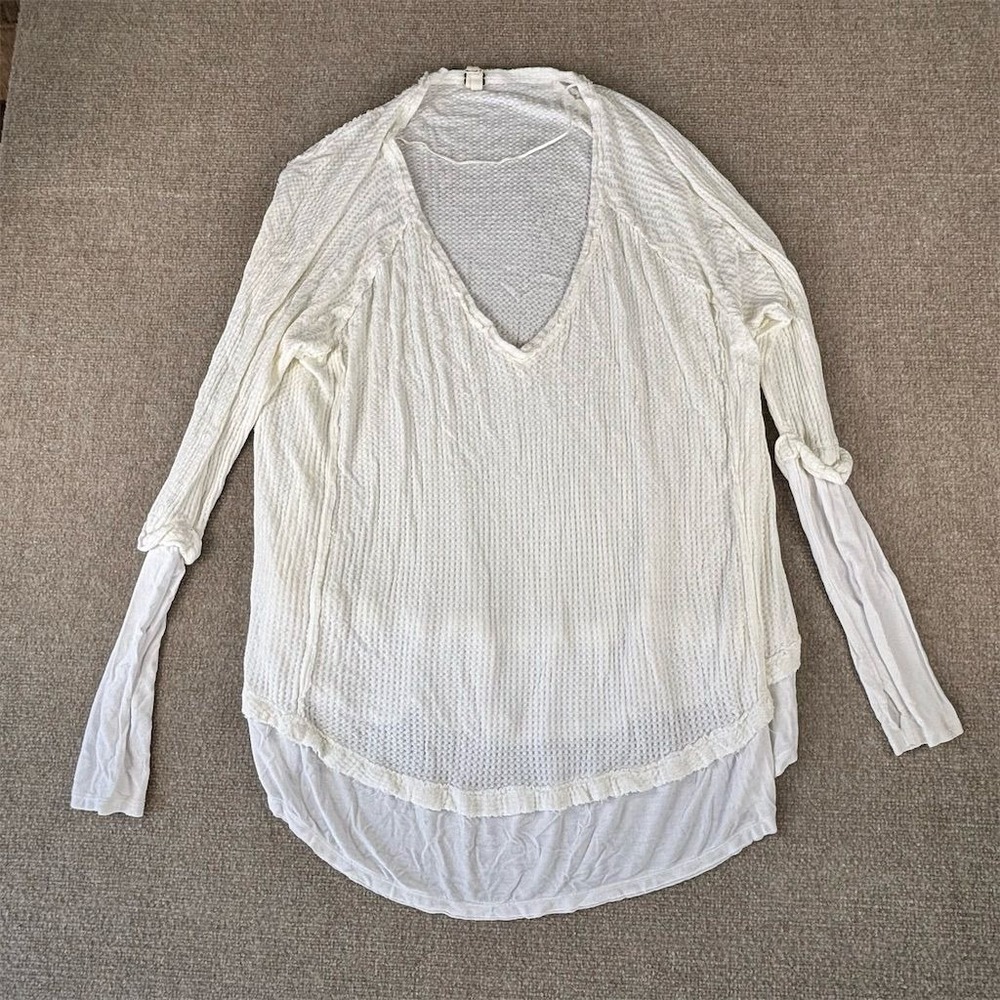 Free People Women's‎ XL White V-Neck Thermal Top Long Sleeve Casual